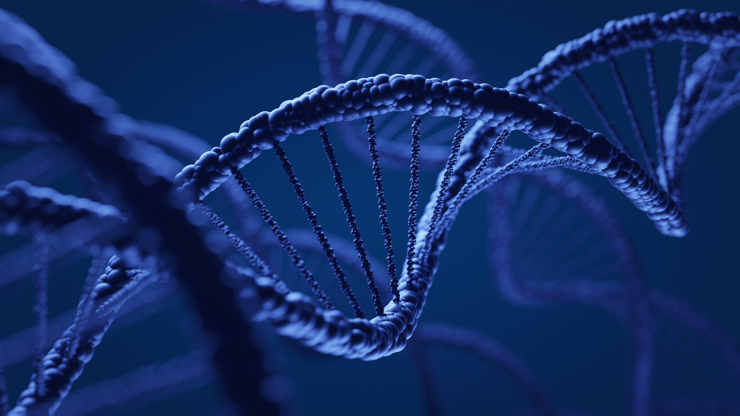 Close up illustration of DNA strand against dark blue background