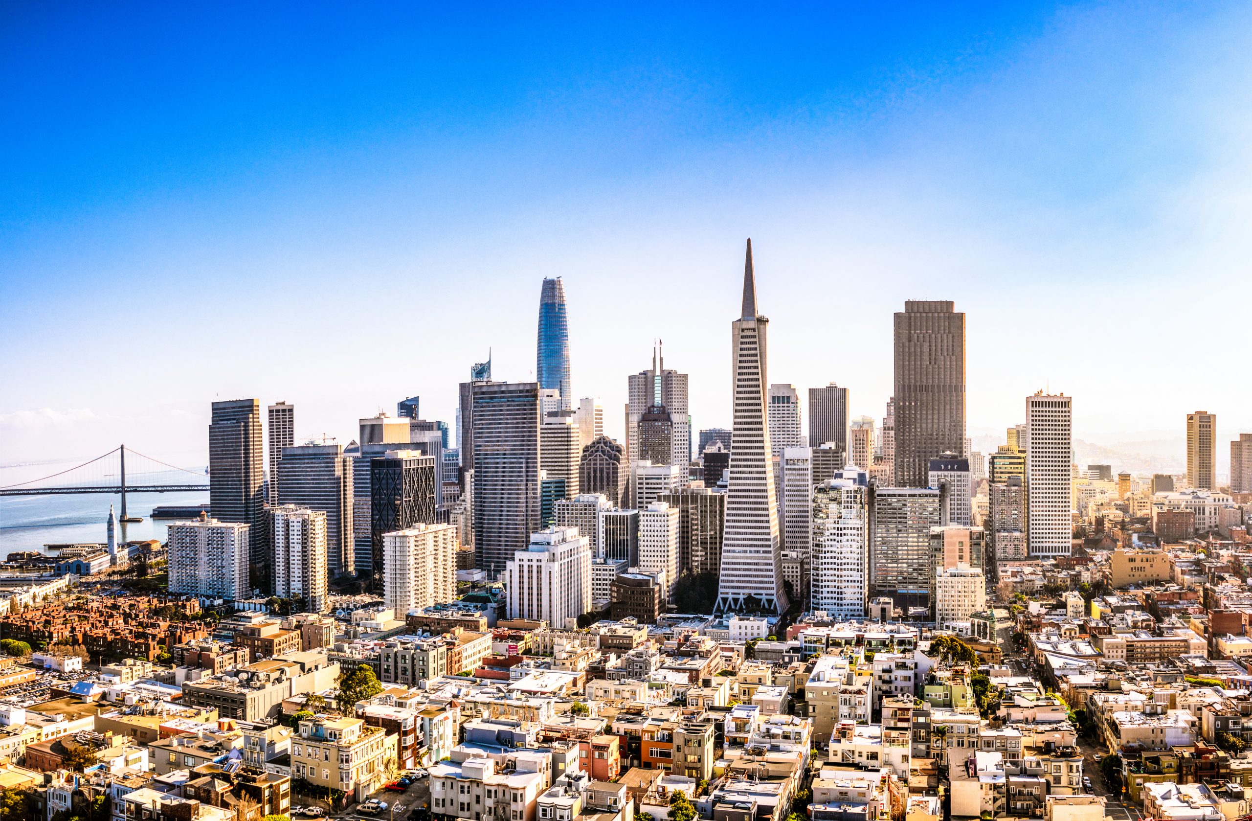 A high angle view of San Francisco's business district on a sunny day.