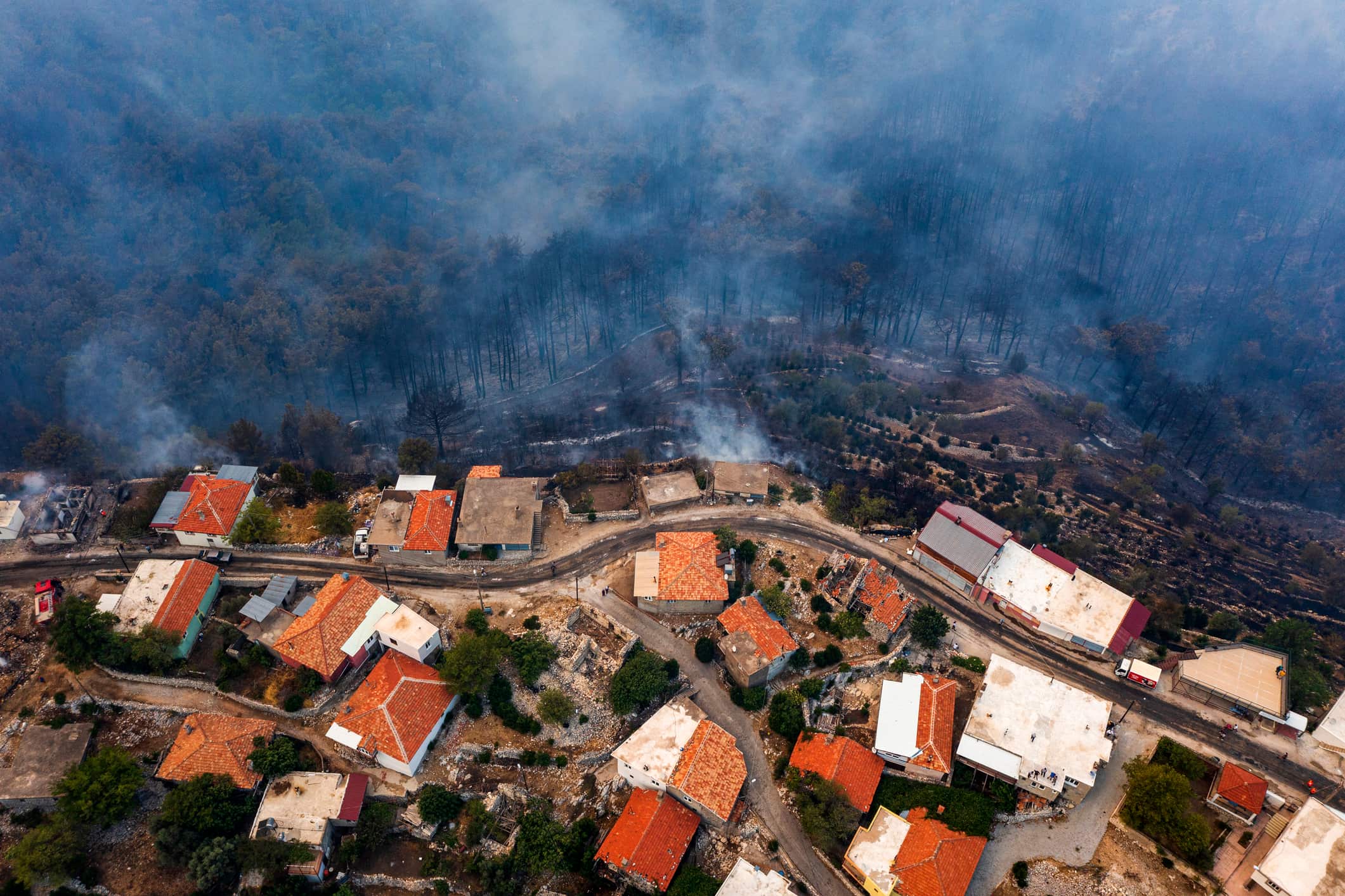 bird's view of the forest fire getting closer to the suburban community